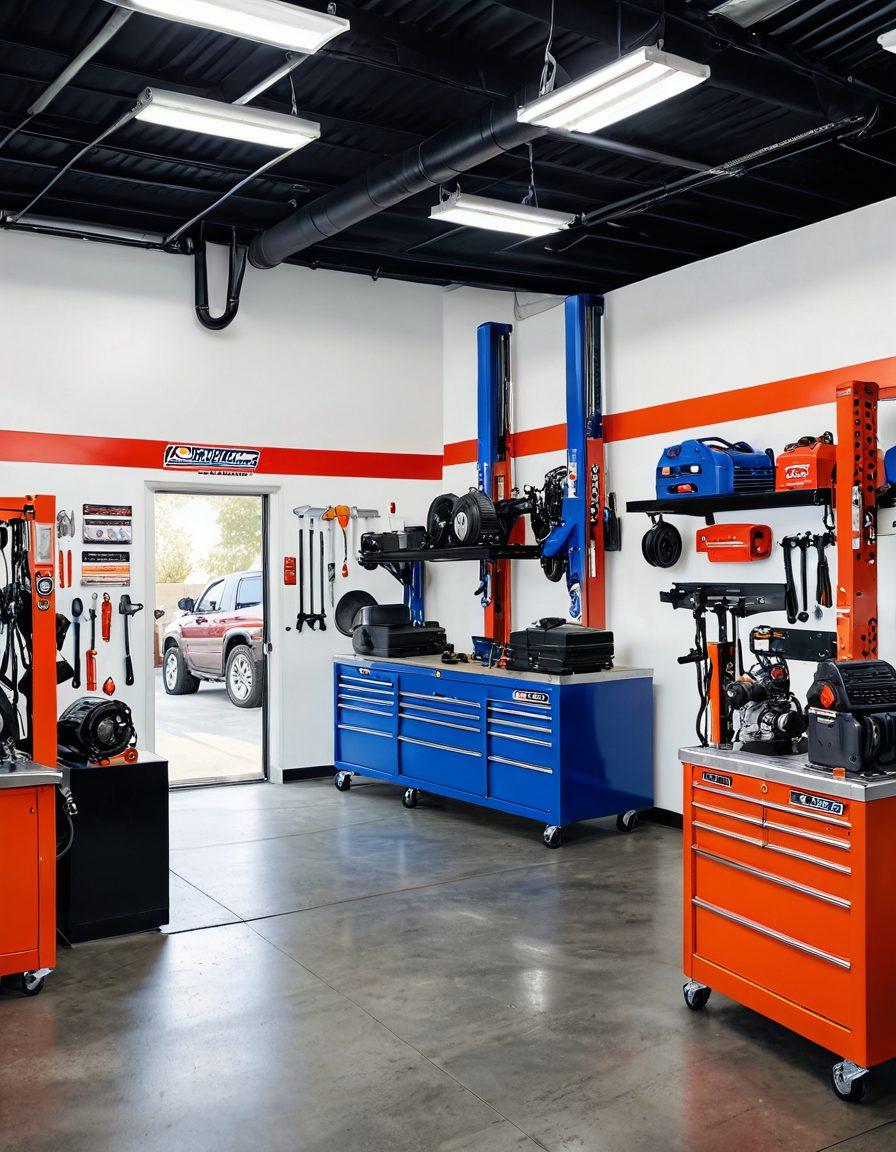 An organized auto repair shop with neatly arranged top-quality garage equipment: hydraulic lifts raising a car, a tool chest overflowing with high-end tools, diagnostic machines, tire changers, and an air compressor. Mechanics in clean uniforms working diligently, with an overall sense of professionalism and efficiency. super-realistic. vibrant colors. white background.