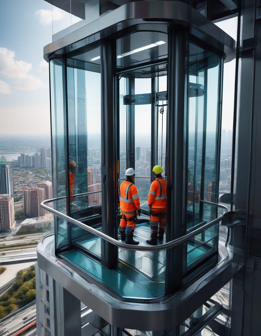 A dynamic scene showing a modern service lift in a high-rise building under maintenance, with engineers in safety gear operating the lift. The lift should be sleek and futuristic with clear indications of safety features like guardrails and control panels. Background should include a cityscape view from a high elevation, symbolizing efficiency and progress. super-realistic. vibrant colors.