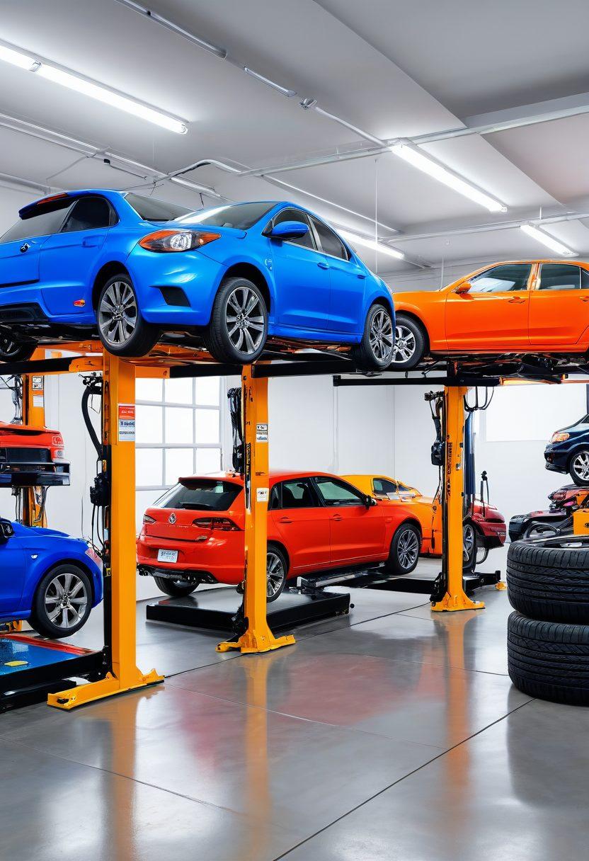 A modern, high-tech garage filled with a variety of automotive lifts, including 2-post, 4-post, scissor lifts, and portable car lifts. Mechanics in action with tools and diagnostic equipment, with detailed views of garage equipment like tire changers and diagnostic machines. The environment should be clean, well-organized, and brightly lit, showcasing the efficiency and robustness of the equipment. super-realistic. vibrant colors. white background.